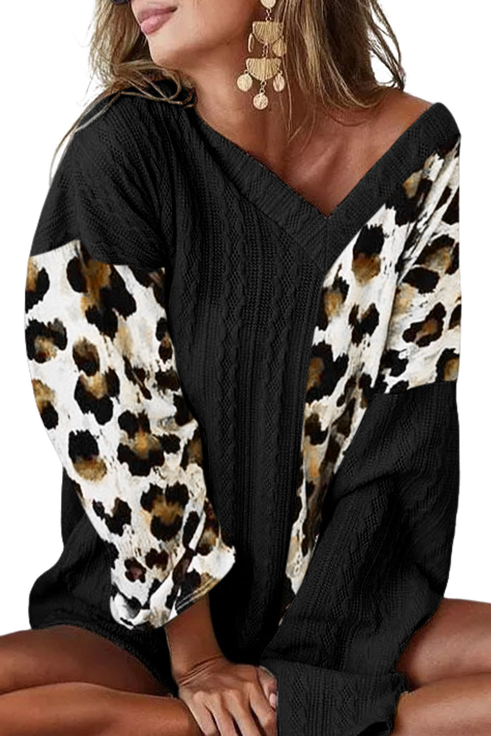 Khaki Asymmetric Leopard Patchwork Wide Sleeve V Neck Sweater