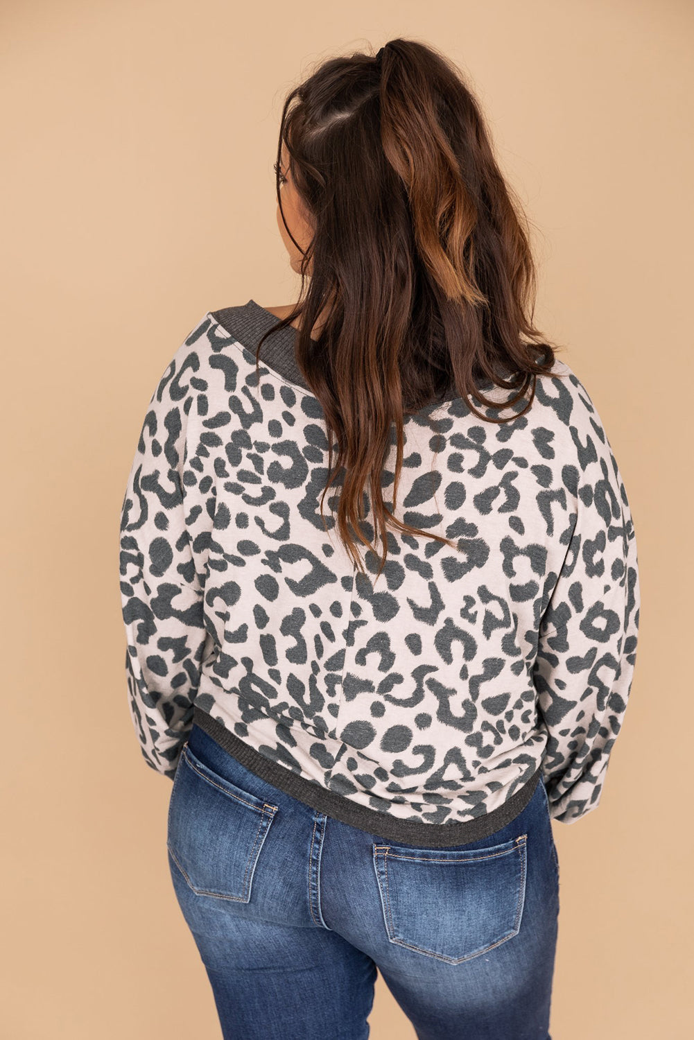Khaki Leopard Print V Neck Loose Plus Size Blouse