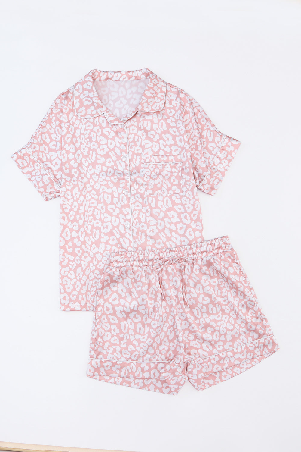 Pink Leopard Satin Shirt and Shorts Pajama Set