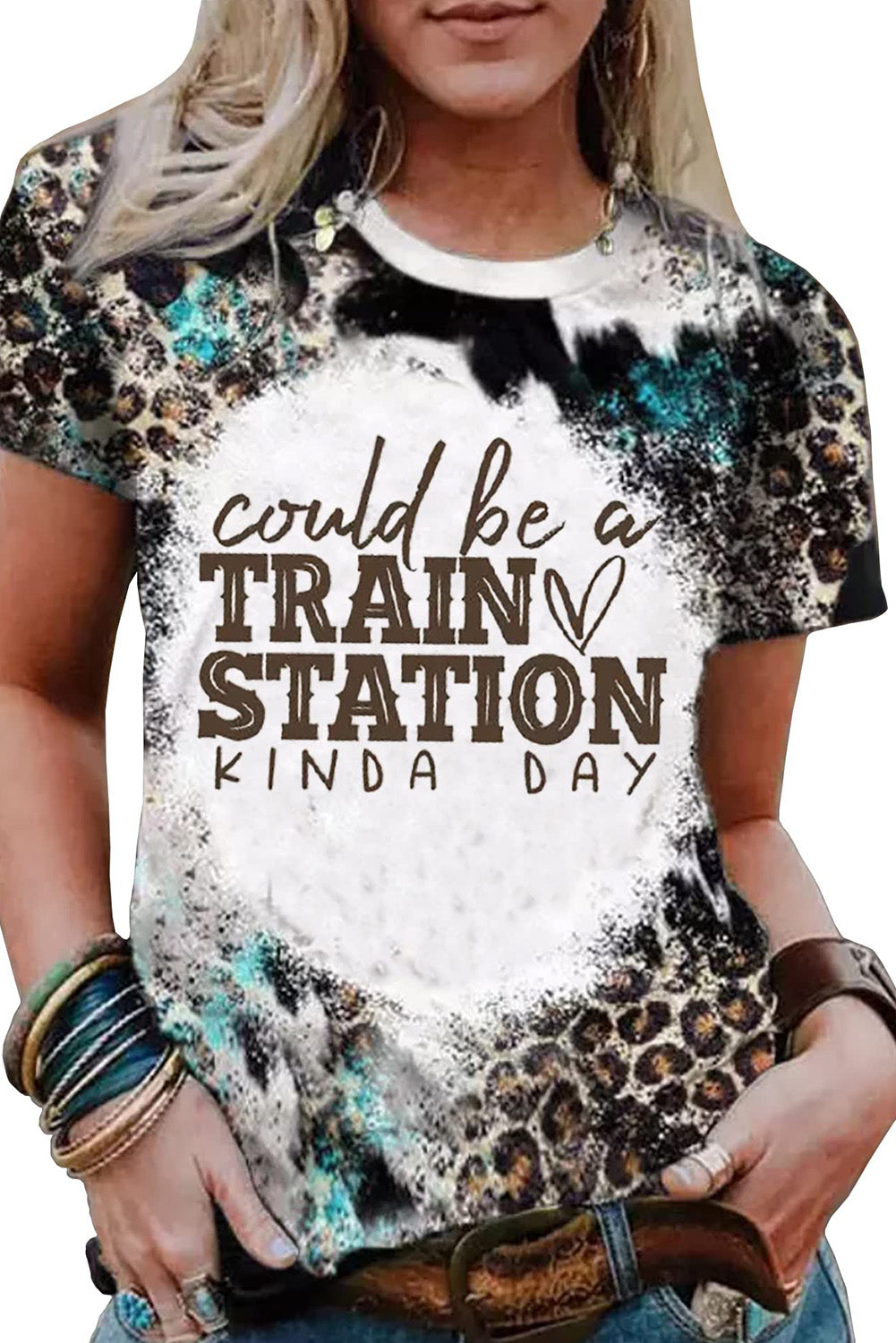 Brown TRAIN STATION Graphic Leopard Print T Shirt