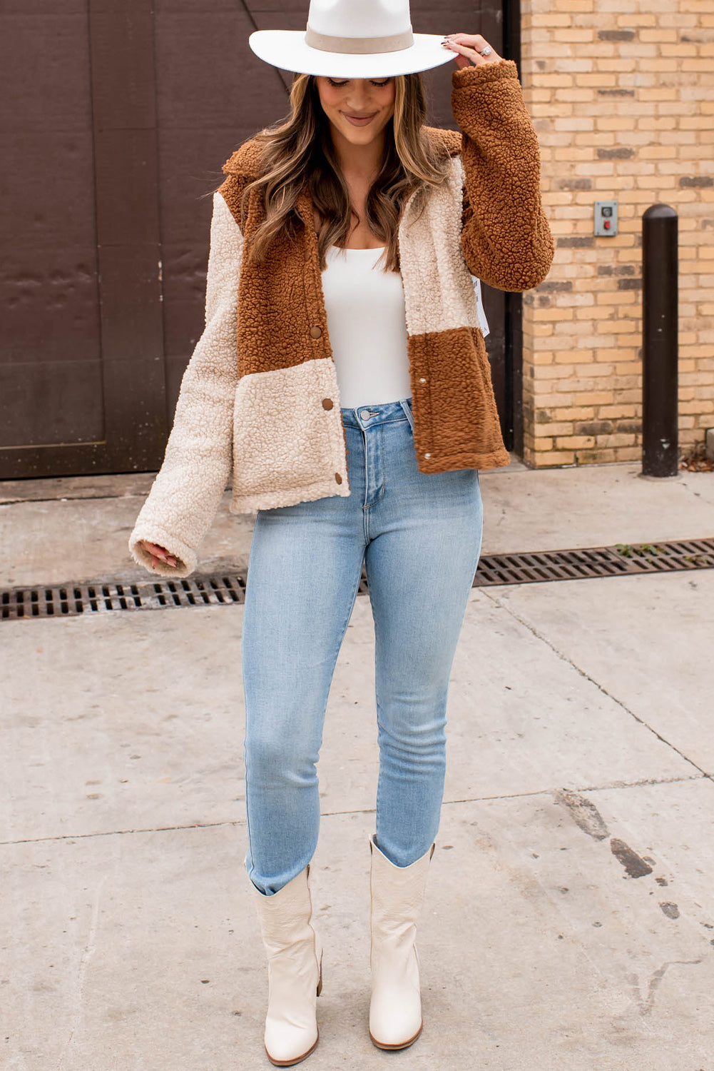 Brown Color Block Sherpa Button Up Jacket