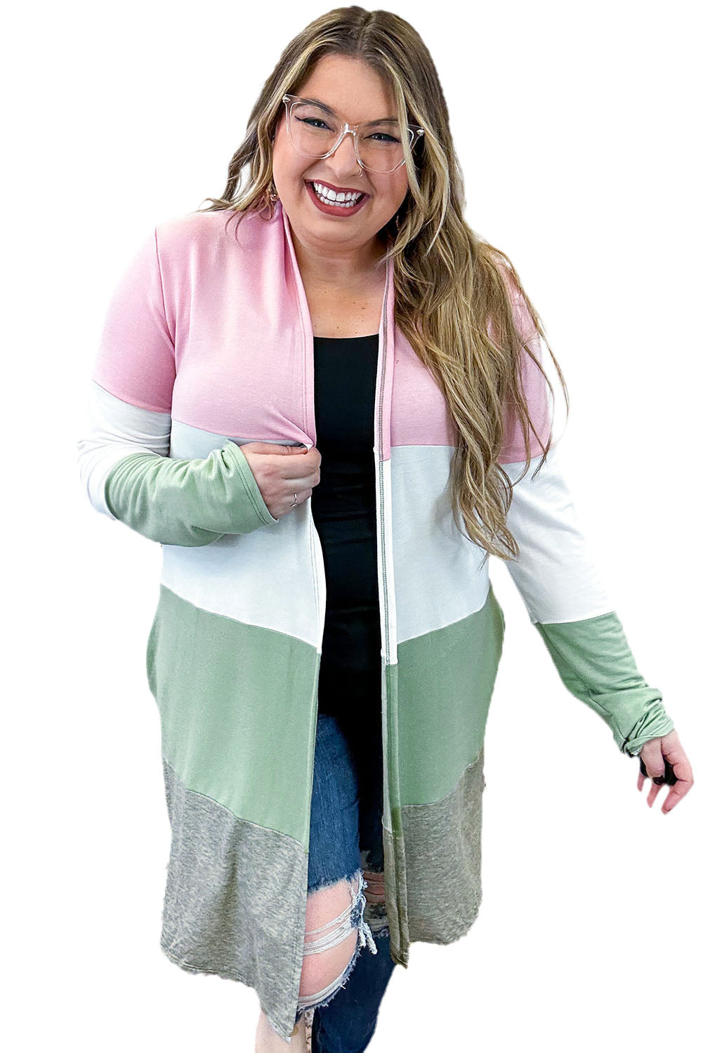 Pink Plus Size Colorblock Open Front Cardigan