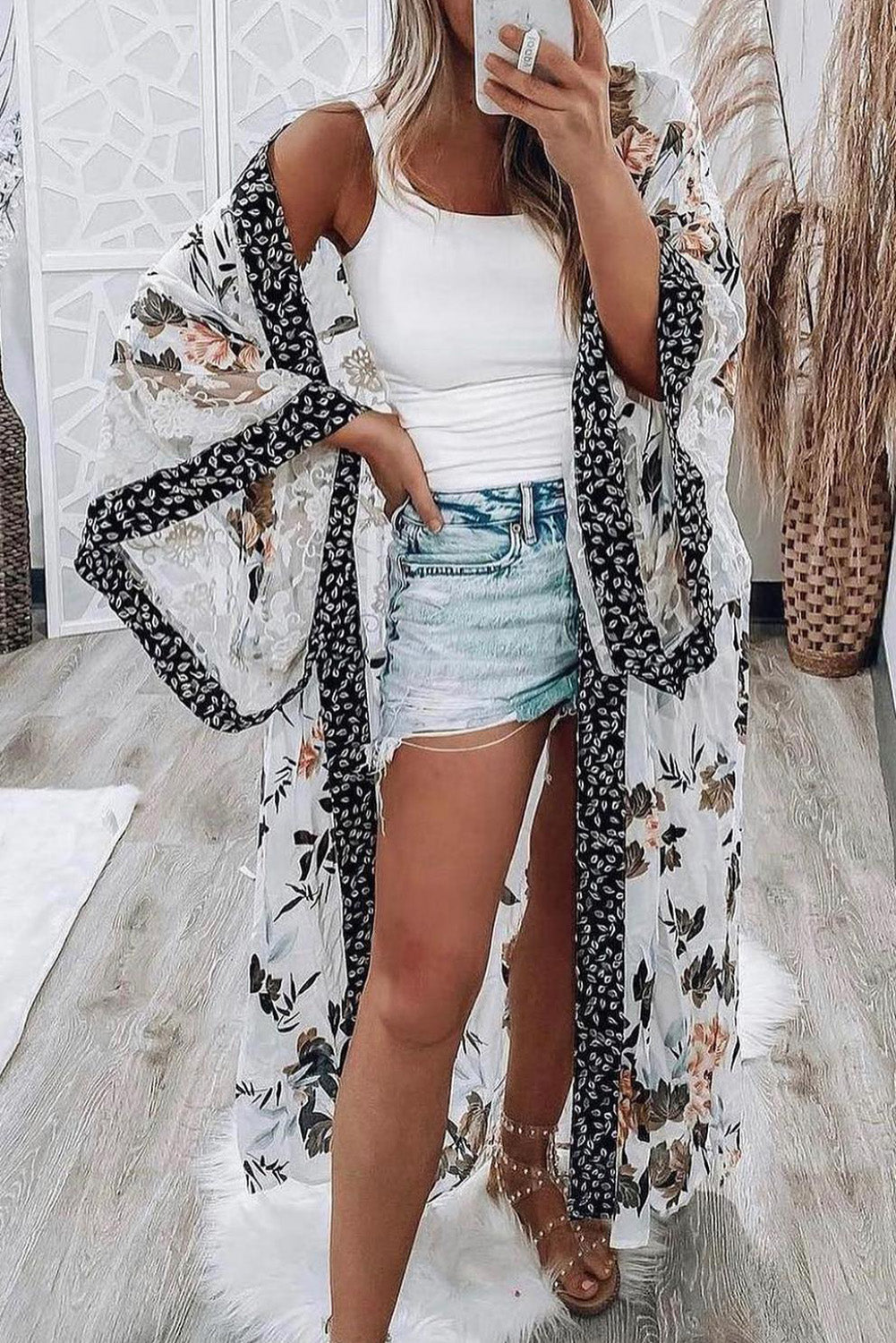 White Floral Print Lace Patchwork Batwing Sleeve Duster Kimono
