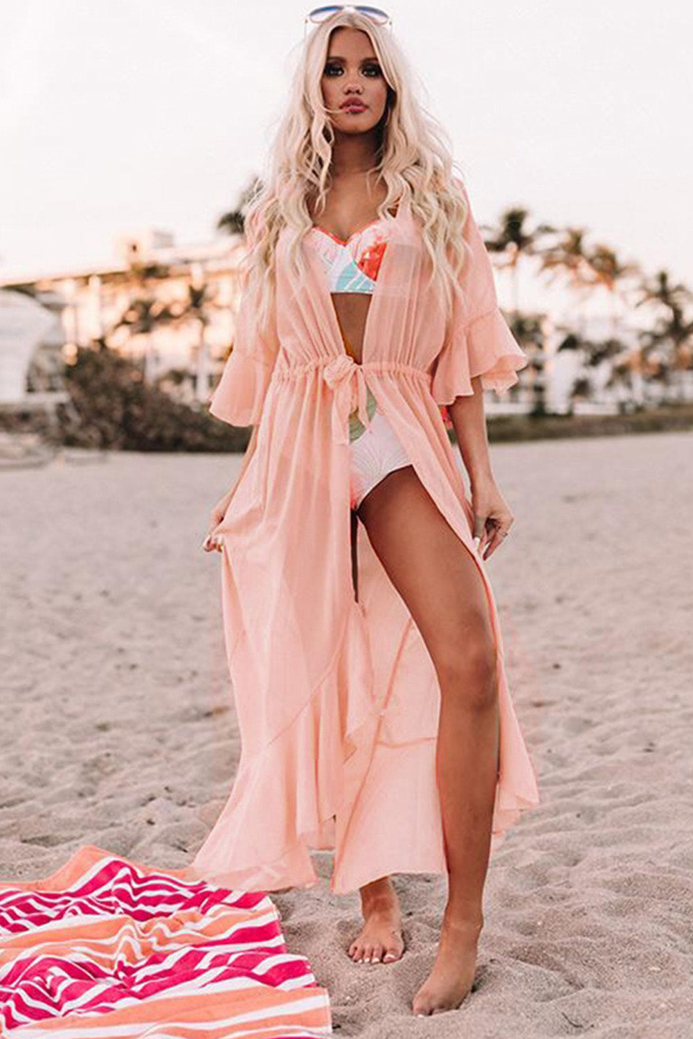 Pink Ruffle Half Sleeve Tie Front Flowy Beach Cover Up