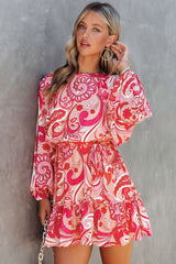 Paisley Printed Button Keyhole Back Belted Mini Dress