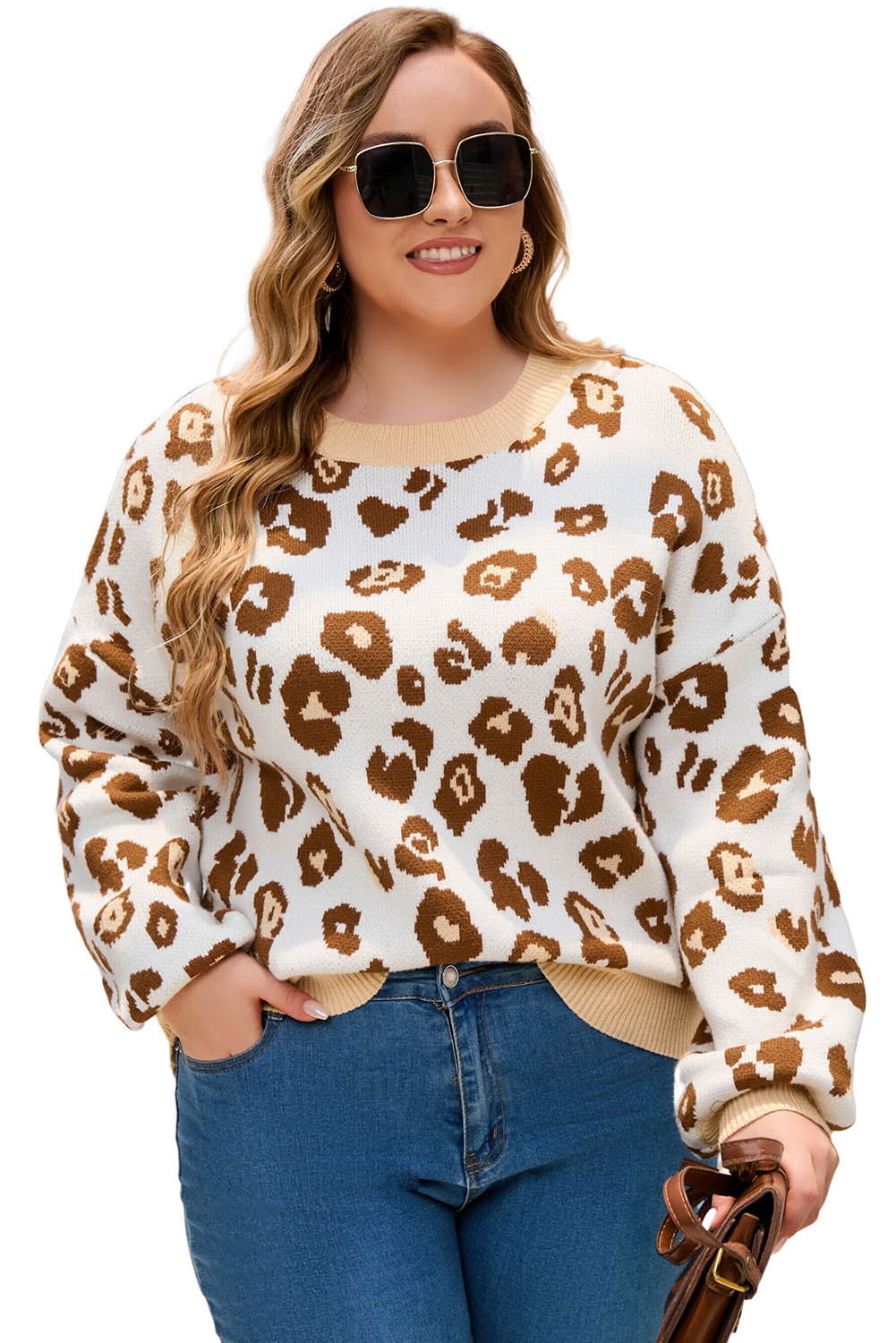 Leopard Plus Size Ribbed Hem Leopard Sweater