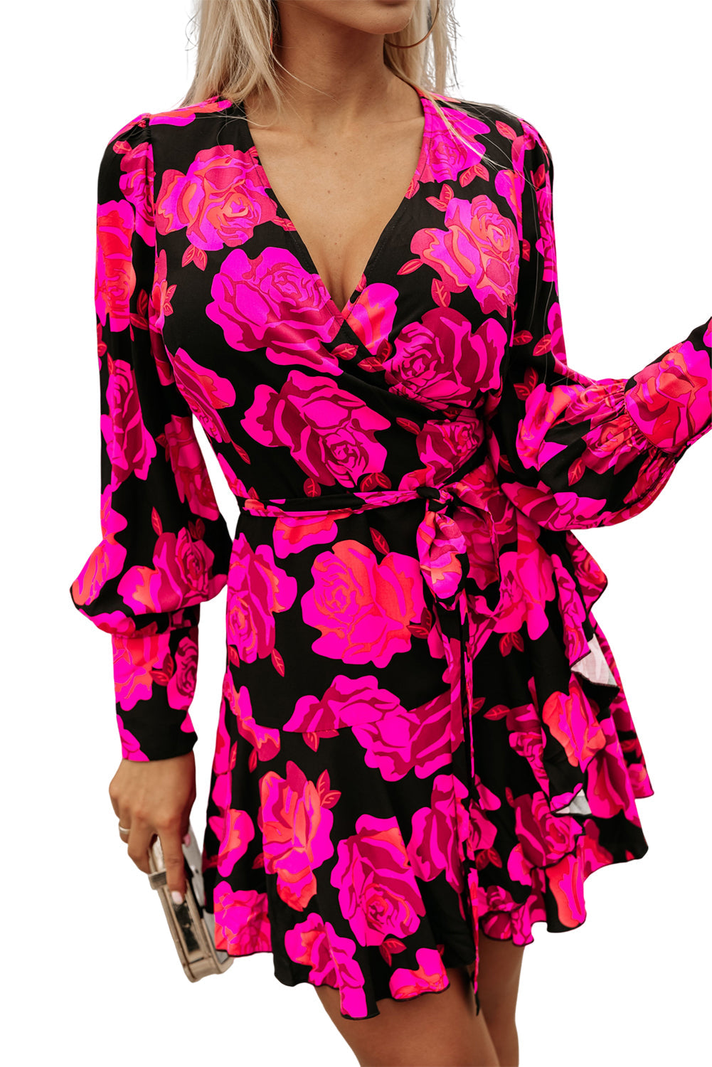 Rose Floral Print V Neck Wrap Bishop Sleeve Ruffle Tiered Mini Dress
