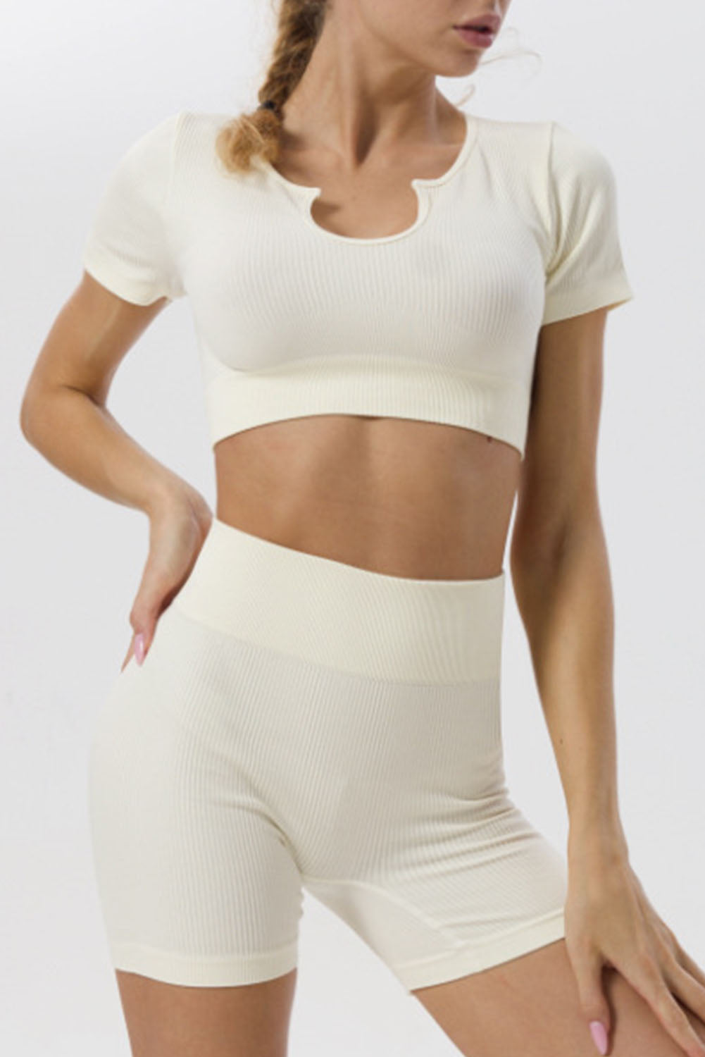 White Ribbed Short Sleeve Cropped Active Top