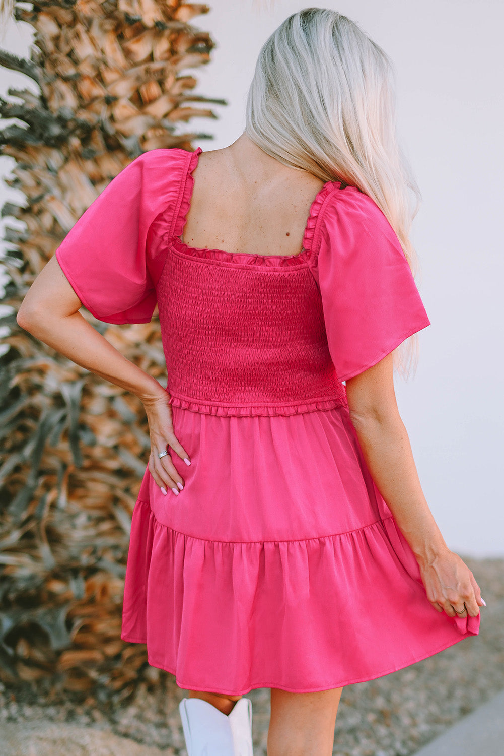 Rose Crossover Smocked Flutter Sleeve Mini Dress