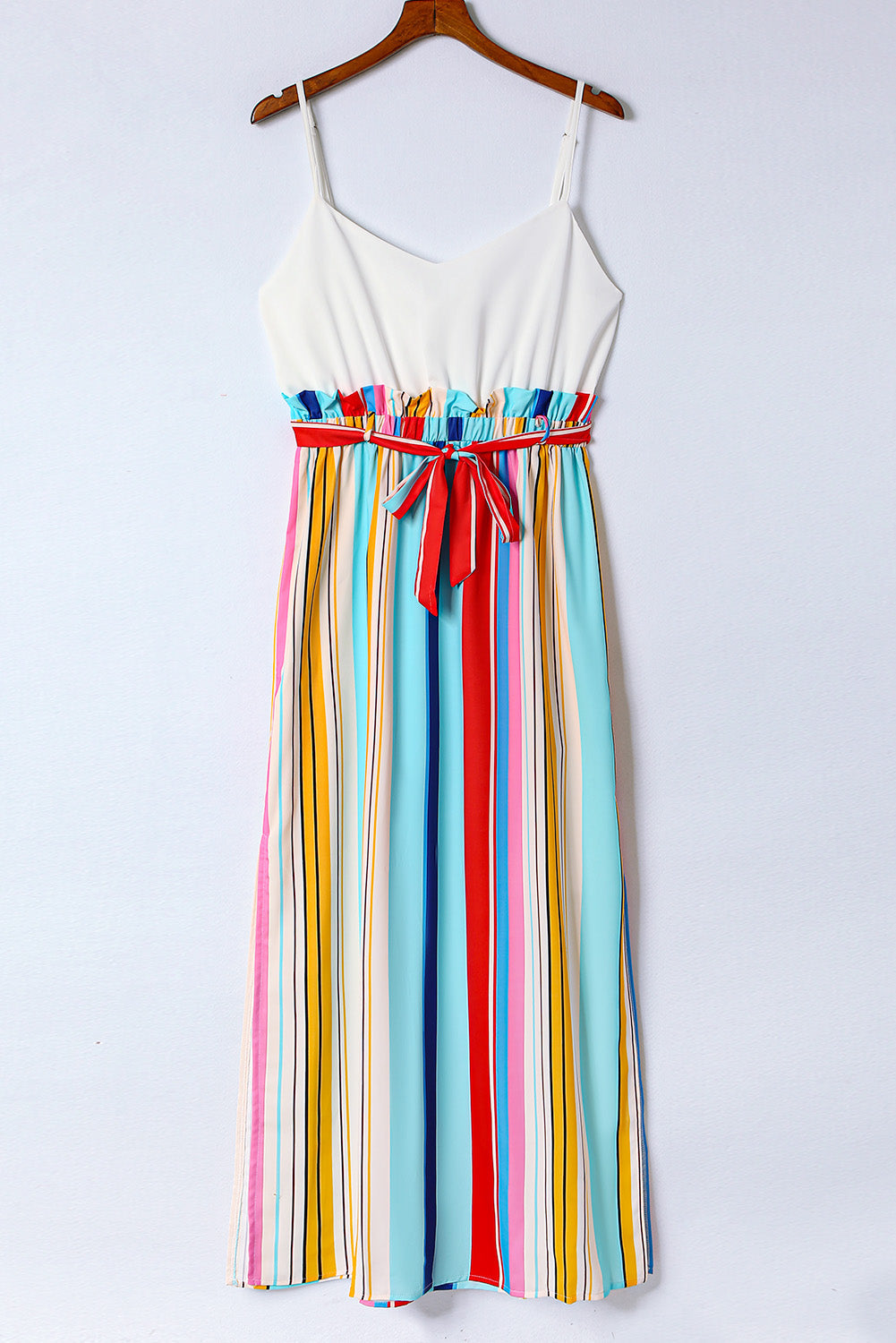 Stripe Splicing Paperwaist Spaghetti Straps Maxi Dress