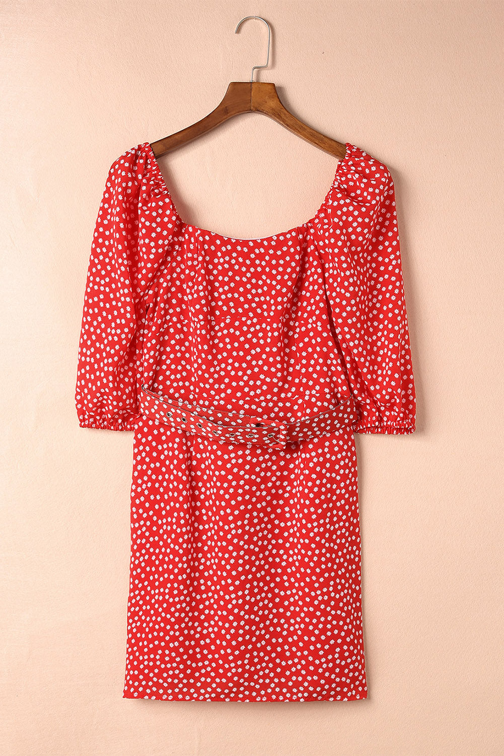 Red Daisy Print Square Neck Puff Sleeve Mini Dress