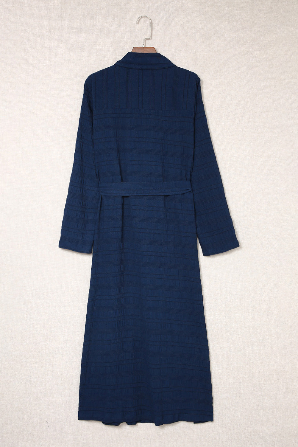 Blue Crinkle Textured Long Sleeve Shirt Dress with Belt