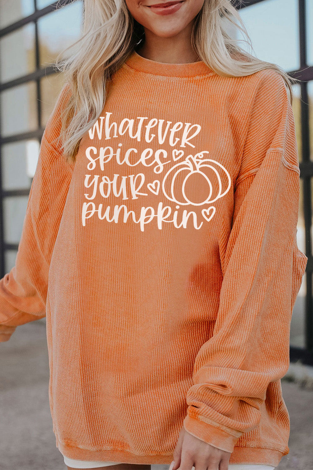 Orange Pumpkin Letter Print Oversized Corduroy Sweatshirt